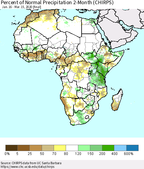 Africa Percent of Normal Precipitation 2-Month (CHIRPS) Thematic Map For 1/16/2020 - 3/15/2020