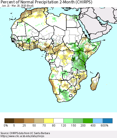 Africa Percent of Normal Precipitation 2-Month (CHIRPS) Thematic Map For 1/21/2020 - 3/20/2020