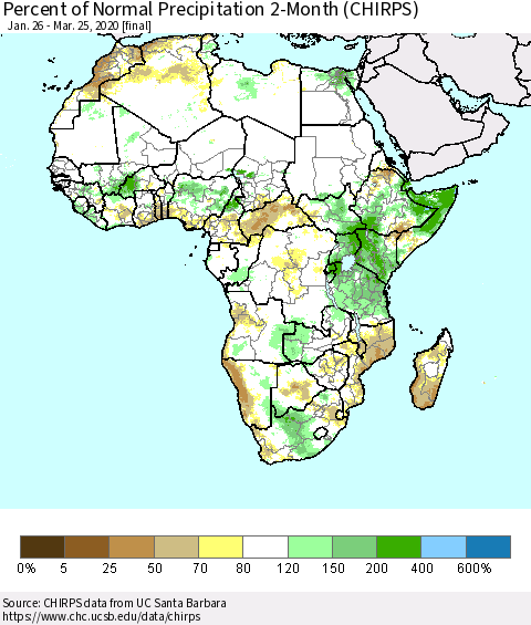 Africa Percent of Normal Precipitation 2-Month (CHIRPS) Thematic Map For 1/26/2020 - 3/25/2020