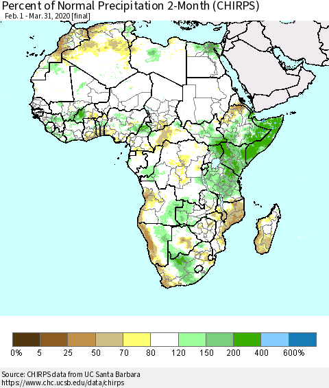 Africa Percent of Normal Precipitation 2-Month (CHIRPS) Thematic Map For 2/1/2020 - 3/31/2020