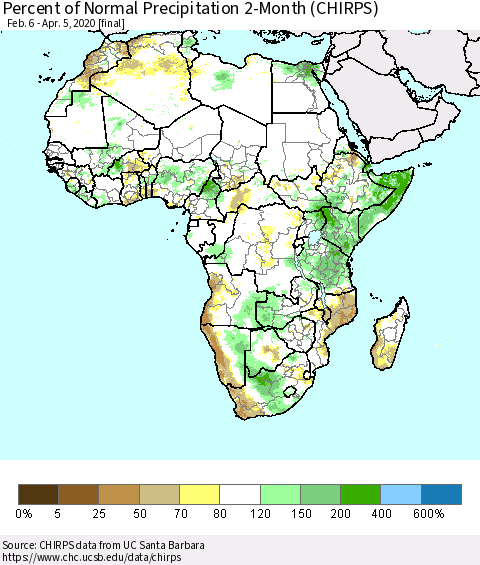 Africa Percent of Normal Precipitation 2-Month (CHIRPS) Thematic Map For 2/6/2020 - 4/5/2020