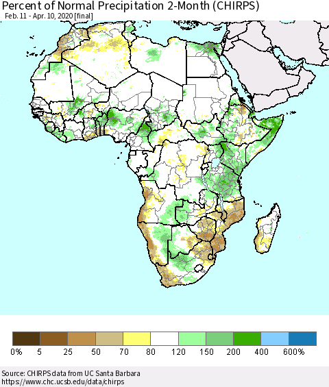 Africa Percent of Normal Precipitation 2-Month (CHIRPS) Thematic Map For 2/11/2020 - 4/10/2020