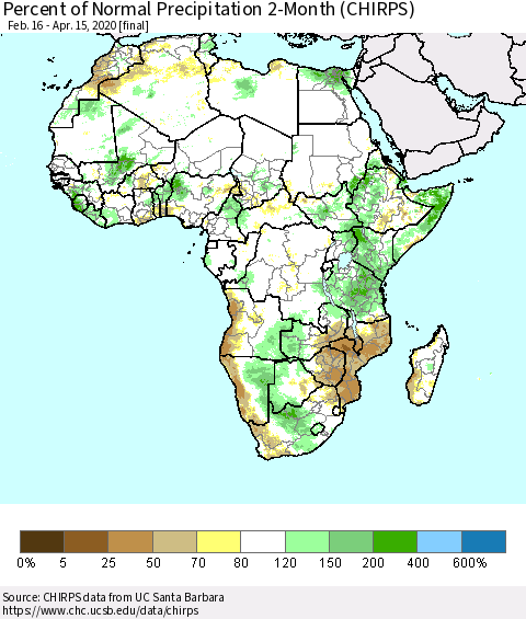 Africa Percent of Normal Precipitation 2-Month (CHIRPS) Thematic Map For 2/16/2020 - 4/15/2020