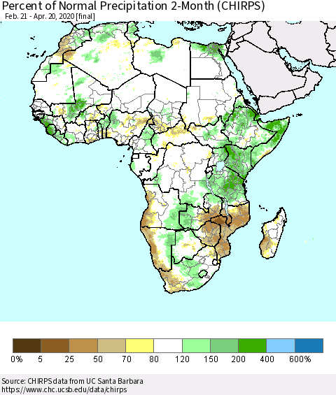 Africa Percent of Normal Precipitation 2-Month (CHIRPS) Thematic Map For 2/21/2020 - 4/20/2020
