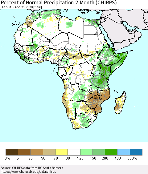 Africa Percent of Normal Precipitation 2-Month (CHIRPS) Thematic Map For 2/26/2020 - 4/25/2020