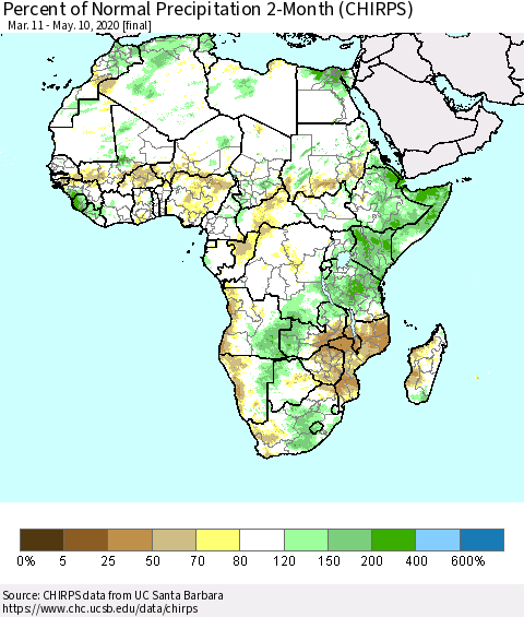 Africa Percent of Normal Precipitation 2-Month (CHIRPS) Thematic Map For 3/11/2020 - 5/10/2020