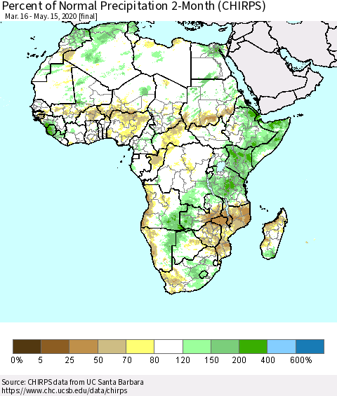 Africa Percent of Normal Precipitation 2-Month (CHIRPS) Thematic Map For 3/16/2020 - 5/15/2020