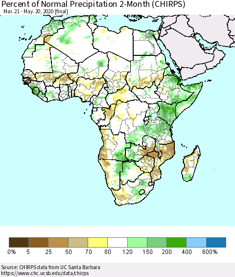 Africa Percent of Normal Precipitation 2-Month (CHIRPS) Thematic Map For 3/21/2020 - 5/20/2020