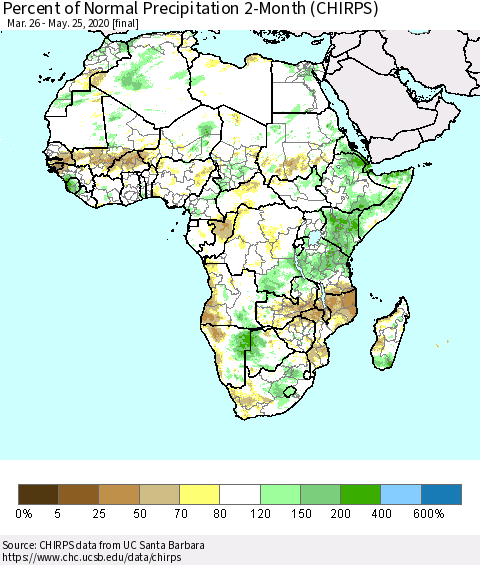 Africa Percent of Normal Precipitation 2-Month (CHIRPS) Thematic Map For 3/26/2020 - 5/25/2020