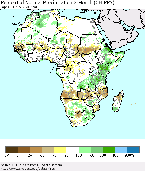Africa Percent of Normal Precipitation 2-Month (CHIRPS) Thematic Map For 4/6/2020 - 6/5/2020