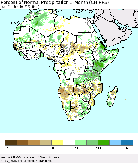 Africa Percent of Normal Precipitation 2-Month (CHIRPS) Thematic Map For 4/11/2020 - 6/10/2020
