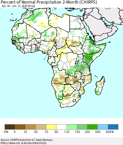 Africa Percent of Normal Precipitation 2-Month (CHIRPS) Thematic Map For 4/16/2020 - 6/15/2020