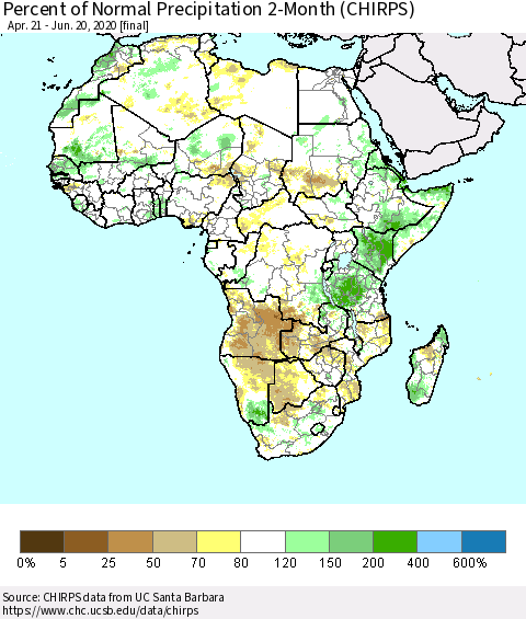 Africa Percent of Normal Precipitation 2-Month (CHIRPS) Thematic Map For 4/21/2020 - 6/20/2020