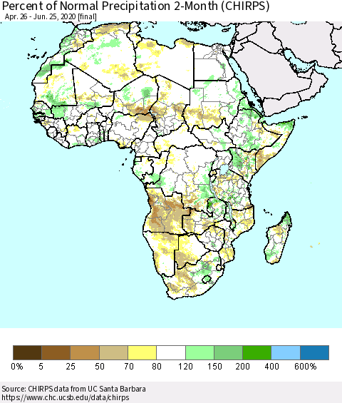 Africa Percent of Normal Precipitation 2-Month (CHIRPS) Thematic Map For 4/26/2020 - 6/25/2020