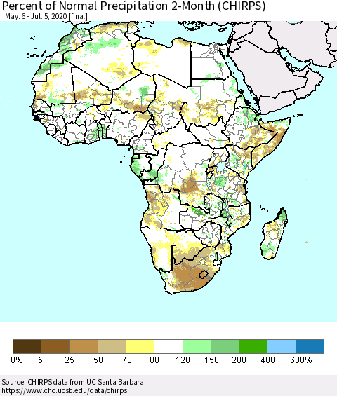 Africa Percent of Normal Precipitation 2-Month (CHIRPS) Thematic Map For 5/6/2020 - 7/5/2020