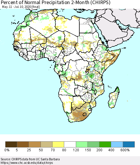 Africa Percent of Normal Precipitation 2-Month (CHIRPS) Thematic Map For 5/11/2020 - 7/10/2020