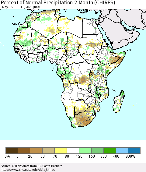 Africa Percent of Normal Precipitation 2-Month (CHIRPS) Thematic Map For 5/16/2020 - 7/15/2020