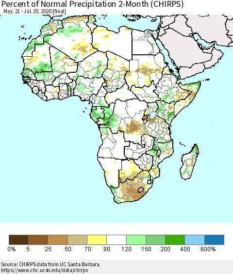 Africa Percent of Normal Precipitation 2-Month (CHIRPS) Thematic Map For 5/21/2020 - 7/20/2020