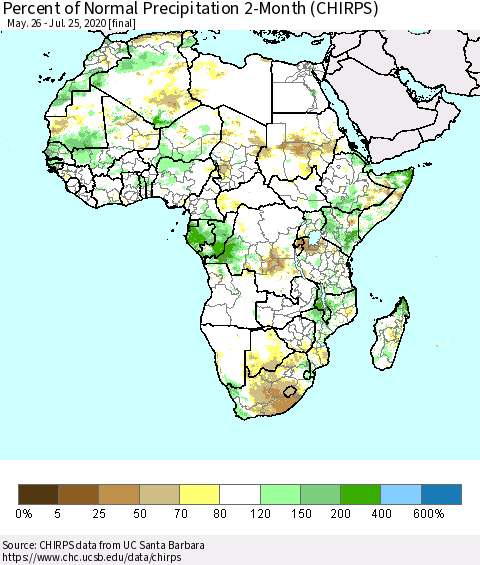 Africa Percent of Normal Precipitation 2-Month (CHIRPS) Thematic Map For 5/26/2020 - 7/25/2020