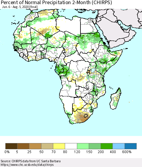 Africa Percent of Normal Precipitation 2-Month (CHIRPS) Thematic Map For 6/6/2020 - 8/5/2020