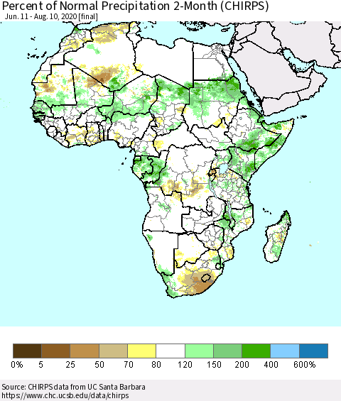 Africa Percent of Normal Precipitation 2-Month (CHIRPS) Thematic Map For 6/11/2020 - 8/10/2020