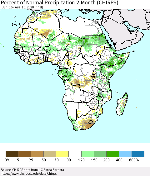 Africa Percent of Normal Precipitation 2-Month (CHIRPS) Thematic Map For 6/16/2020 - 8/15/2020