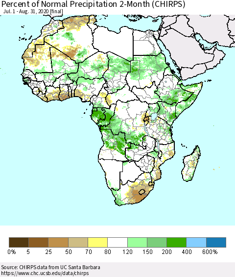 Africa Percent of Normal Precipitation 2-Month (CHIRPS) Thematic Map For 7/1/2020 - 8/31/2020