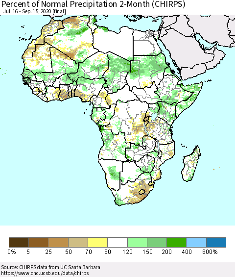 Africa Percent of Normal Precipitation 2-Month (CHIRPS) Thematic Map For 7/16/2020 - 9/15/2020