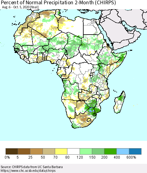 Africa Percent of Normal Precipitation 2-Month (CHIRPS) Thematic Map For 8/6/2020 - 10/5/2020
