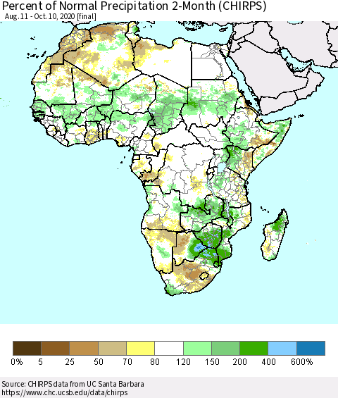Africa Percent of Normal Precipitation 2-Month (CHIRPS) Thematic Map For 8/11/2020 - 10/10/2020