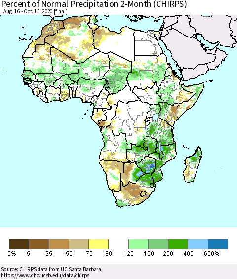 Africa Percent of Normal Precipitation 2-Month (CHIRPS) Thematic Map For 8/16/2020 - 10/15/2020