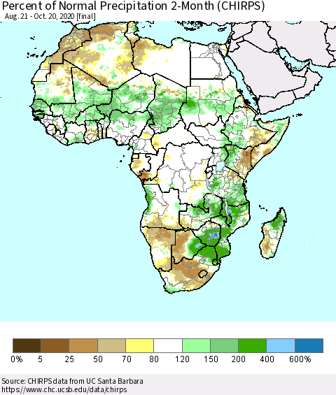 Africa Percent of Normal Precipitation 2-Month (CHIRPS) Thematic Map For 8/21/2020 - 10/20/2020
