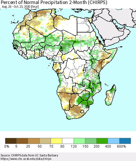 Africa Percent of Normal Precipitation 2-Month (CHIRPS) Thematic Map For 8/26/2020 - 10/25/2020