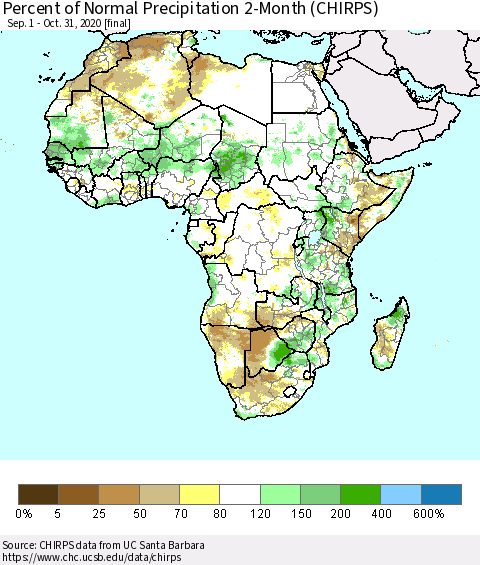 Africa Percent of Normal Precipitation 2-Month (CHIRPS) Thematic Map For 9/1/2020 - 10/31/2020