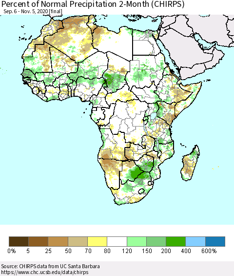 Africa Percent of Normal Precipitation 2-Month (CHIRPS) Thematic Map For 9/6/2020 - 11/5/2020