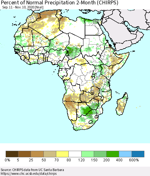Africa Percent of Normal Precipitation 2-Month (CHIRPS) Thematic Map For 9/11/2020 - 11/10/2020