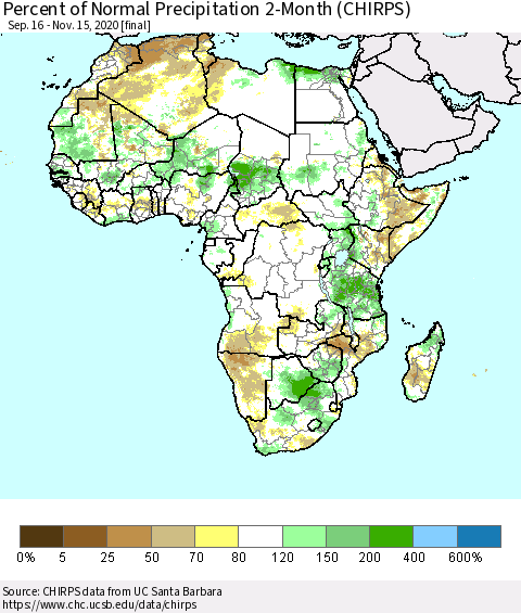 Africa Percent of Normal Precipitation 2-Month (CHIRPS) Thematic Map For 9/16/2020 - 11/15/2020