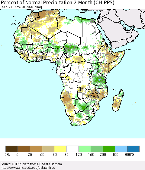 Africa Percent of Normal Precipitation 2-Month (CHIRPS) Thematic Map For 9/21/2020 - 11/20/2020