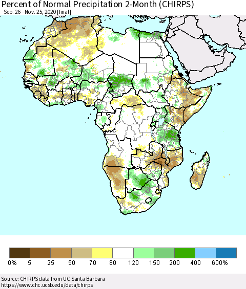 Africa Percent of Normal Precipitation 2-Month (CHIRPS) Thematic Map For 9/26/2020 - 11/25/2020