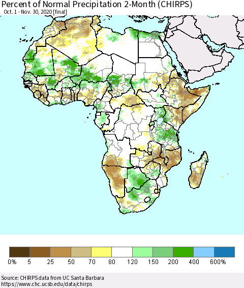 Africa Percent of Normal Precipitation 2-Month (CHIRPS) Thematic Map For 10/1/2020 - 11/30/2020