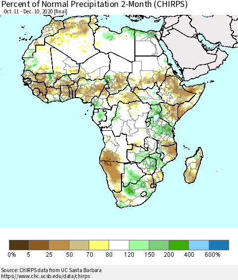 Africa Percent of Normal Precipitation 2-Month (CHIRPS) Thematic Map For 10/11/2020 - 12/10/2020