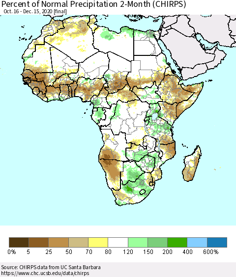 Africa Percent of Normal Precipitation 2-Month (CHIRPS) Thematic Map For 10/16/2020 - 12/15/2020