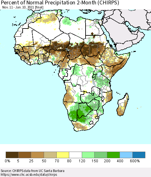 Africa Percent of Normal Precipitation 2-Month (CHIRPS) Thematic Map For 11/11/2020 - 1/10/2021