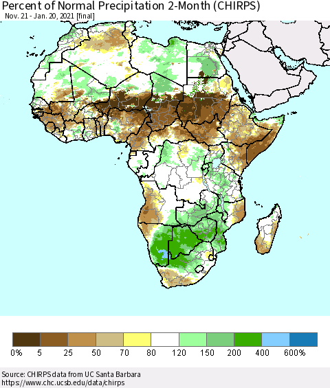 Africa Percent of Normal Precipitation 2-Month (CHIRPS) Thematic Map For 11/21/2020 - 1/20/2021