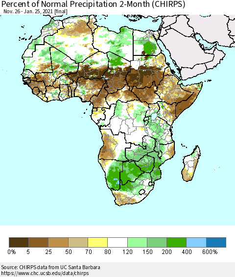 Africa Percent of Normal Precipitation 2-Month (CHIRPS) Thematic Map For 11/26/2020 - 1/25/2021