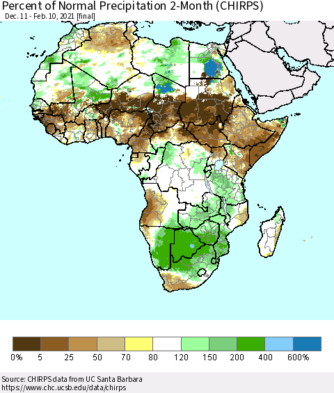 Africa Percent of Normal Precipitation 2-Month (CHIRPS) Thematic Map For 12/11/2020 - 2/10/2021