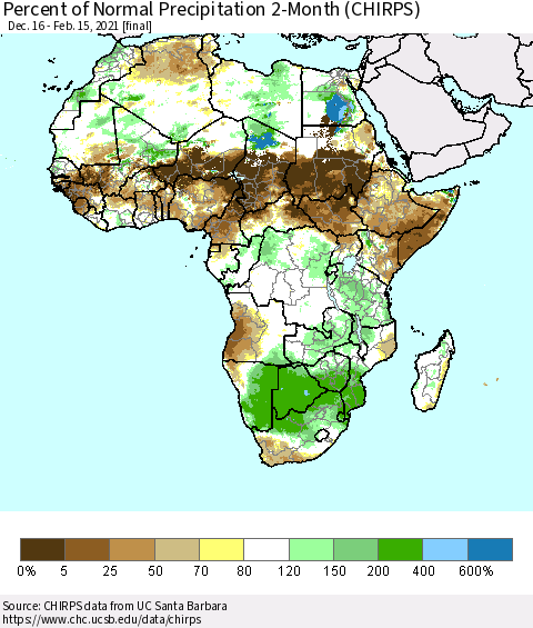 Africa Percent of Normal Precipitation 2-Month (CHIRPS) Thematic Map For 12/16/2020 - 2/15/2021