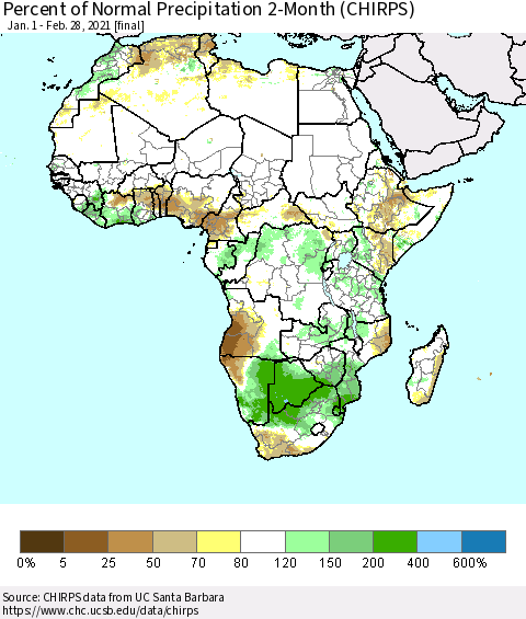 Africa Percent of Normal Precipitation 2-Month (CHIRPS) Thematic Map For 1/1/2021 - 2/28/2021