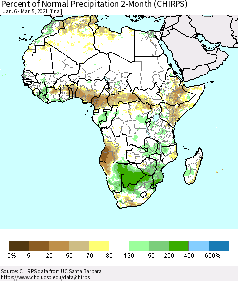 Africa Percent of Normal Precipitation 2-Month (CHIRPS) Thematic Map For 1/6/2021 - 3/5/2021