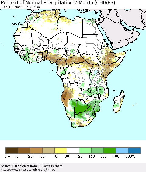 Africa Percent of Normal Precipitation 2-Month (CHIRPS) Thematic Map For 1/11/2021 - 3/10/2021
